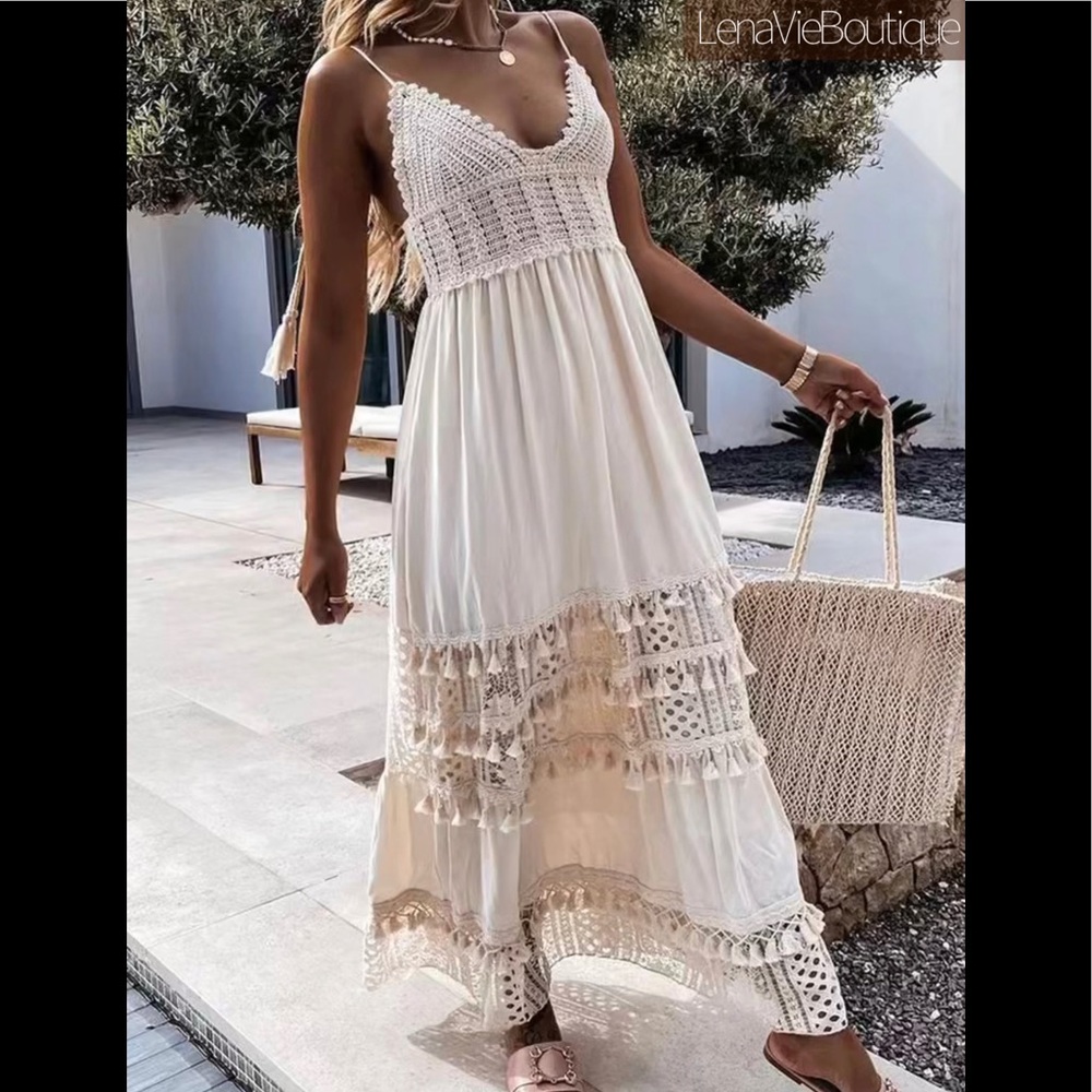 Boho Summer Crochet Maxi Dress, Tassel Adorned, Adjustable Tassel Tie Dress - Picture 3 of 13